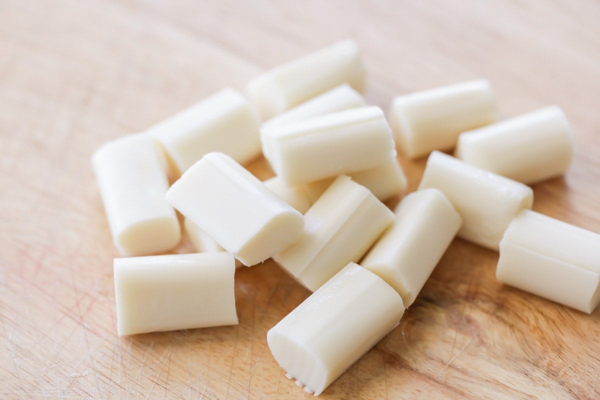 How to make mozzarella bites process pic - cut up string cheese.