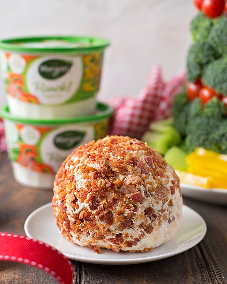 Bacon Ranch cheese ball recipe on a white plate.