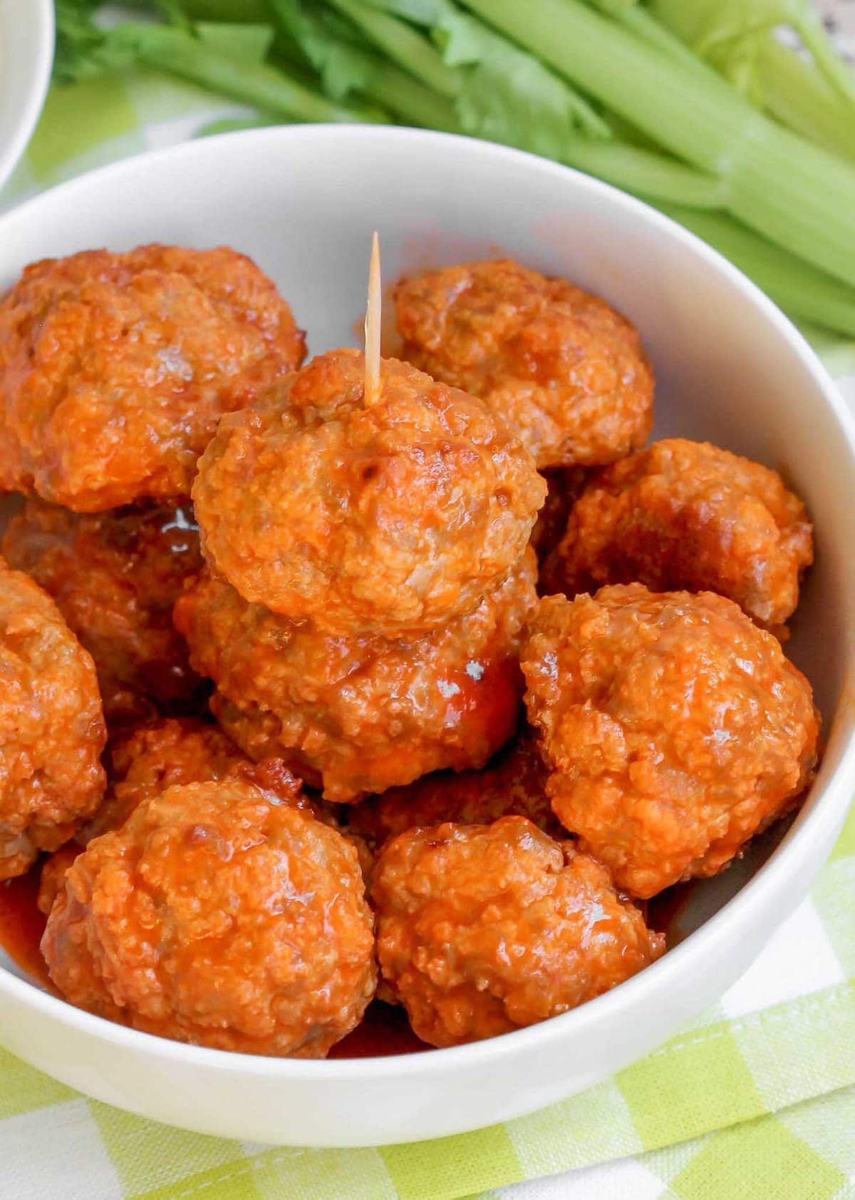 Buffalo meatballs in a white bowl