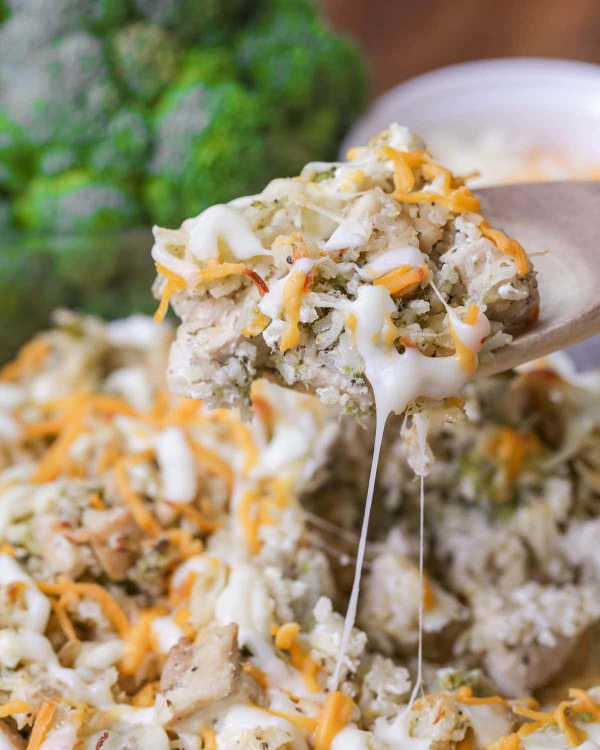 a spoonful of cheesy chicken and rice bake.