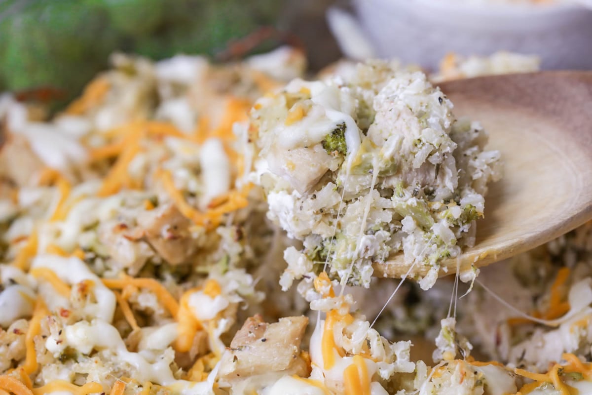 Fall dinner ideas - scoop of cheesy chicken and rice bake.