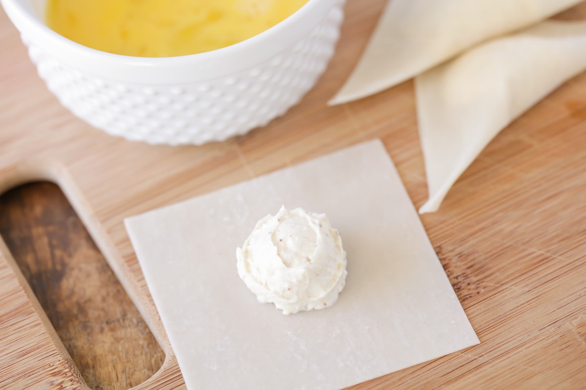 Cream cheese filling on a wonton wrapper