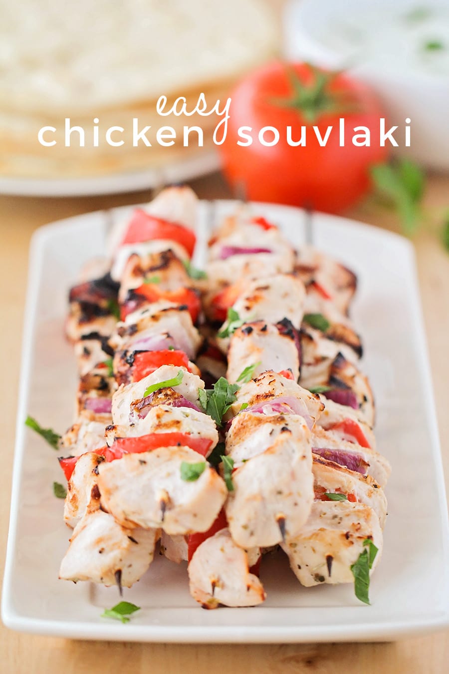 Chicken Souvlaki on a white serving platter