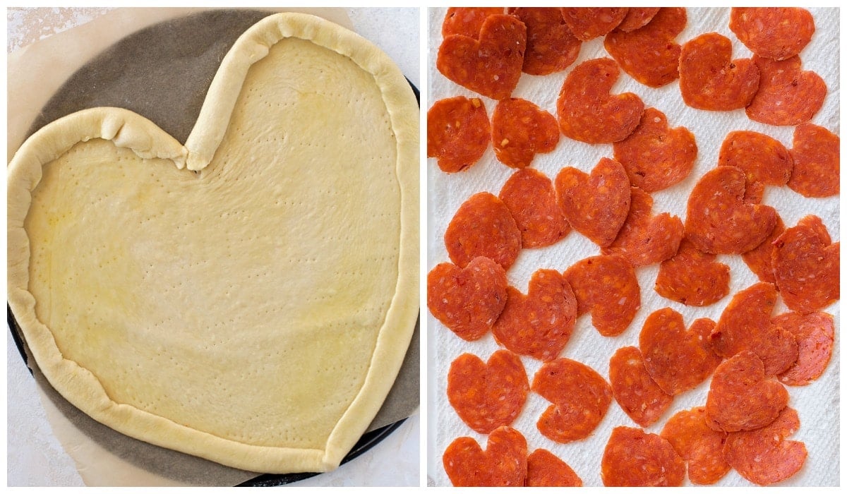 Pizza dough and pepperoni shaped into a heart.