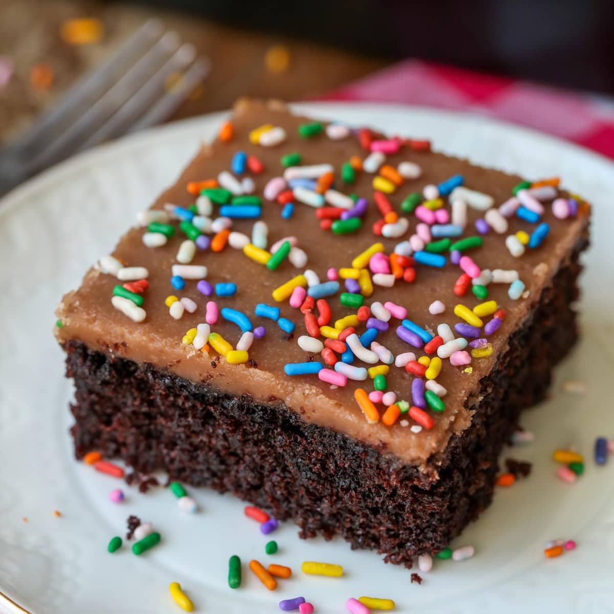 Easy Cake Recipes - Chocolate sheet cake topped with rainbow sprinkles on a white plate.