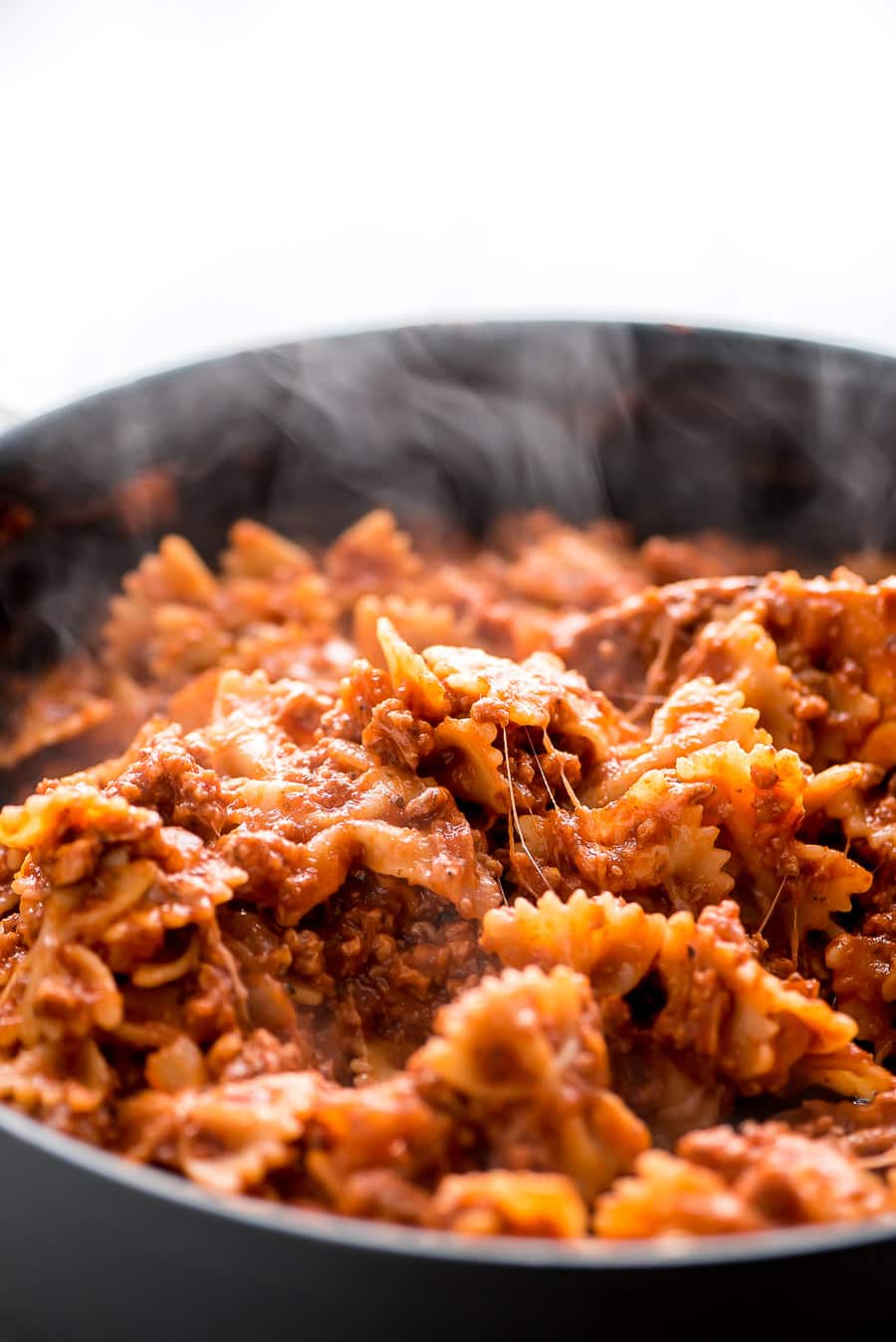 Meat and noodles in a skillet