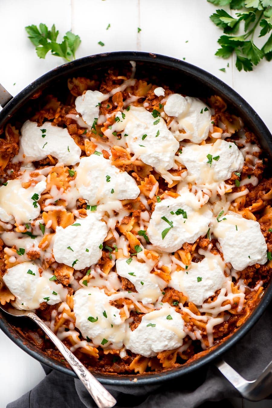 One Pot Lasagna with cheese on top in a skillet