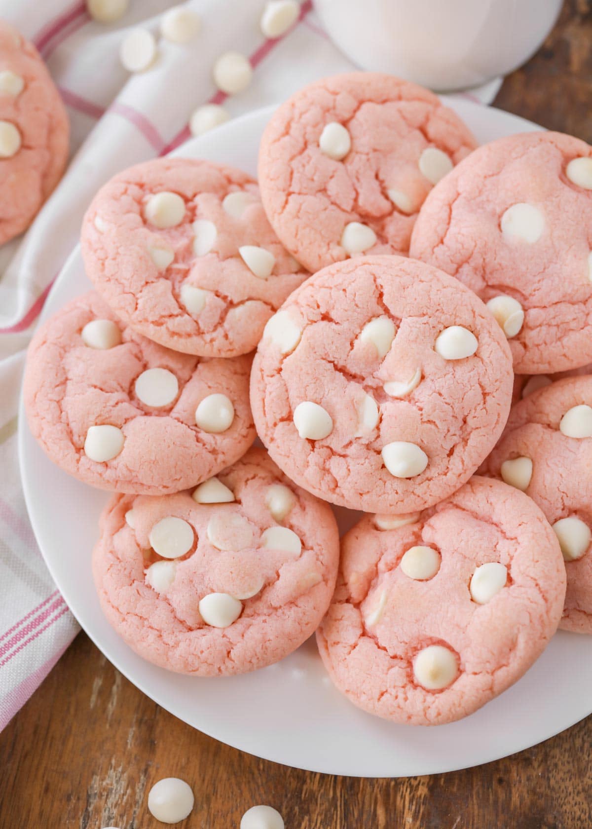 Strawberry white chocolate cookies on a white plate