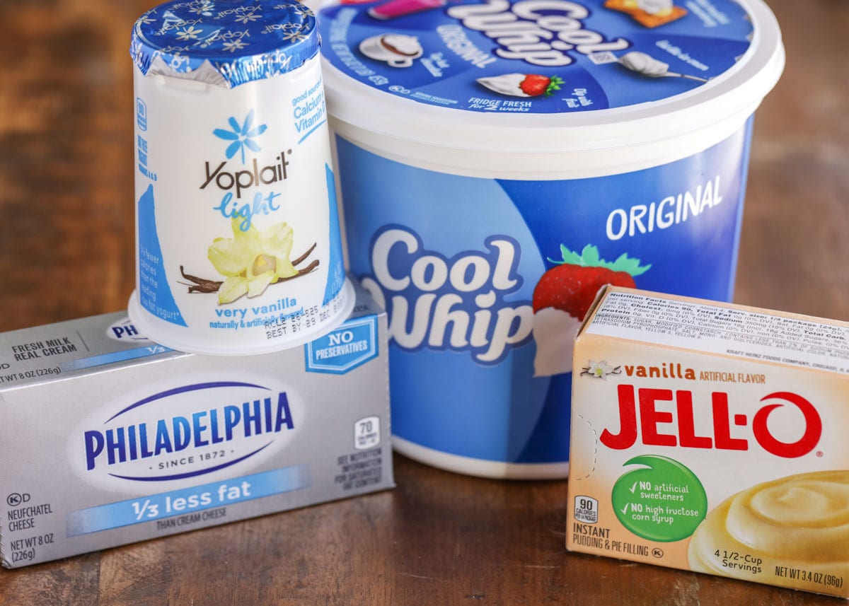 Ingredients for yogurt fruit dip recipe set on the counter.