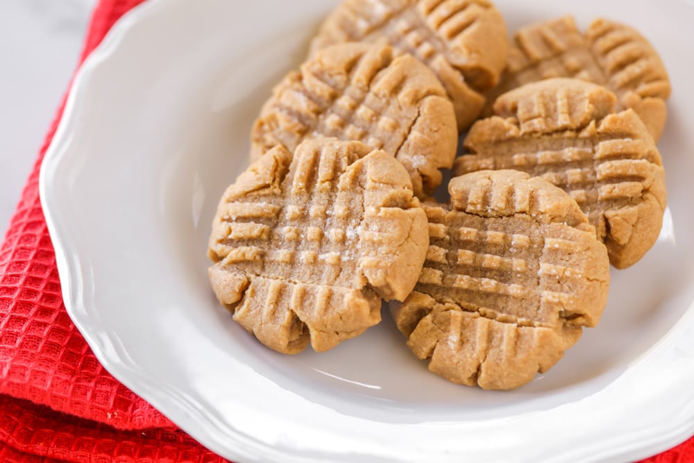 Easy cookie recipes - a plate full of 3 ingredient peanut butter cookies.