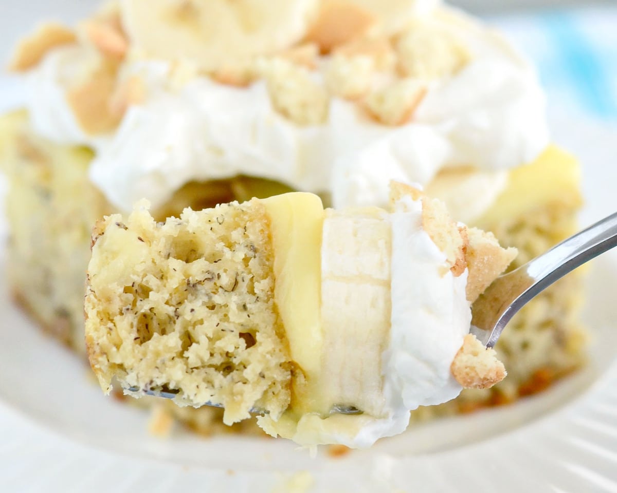 Close up of Banana Pudding Cake on a fork