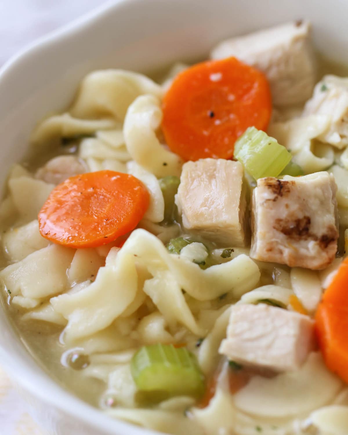 Homemade Chicken Noodle Soup recipe close up in bowl