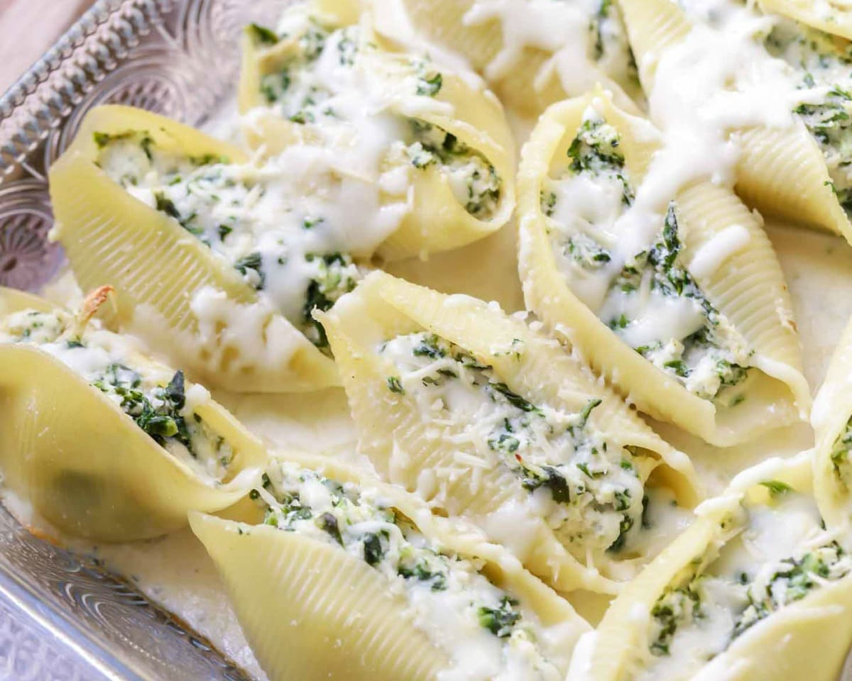 Leftover turkey recipes - chicken alfredo stuffed shells baked in a dish.