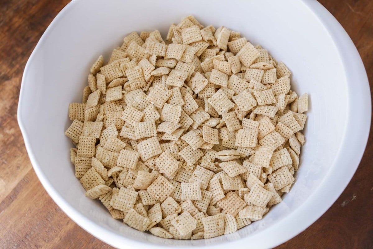 Chex mix cereal in a white bowl