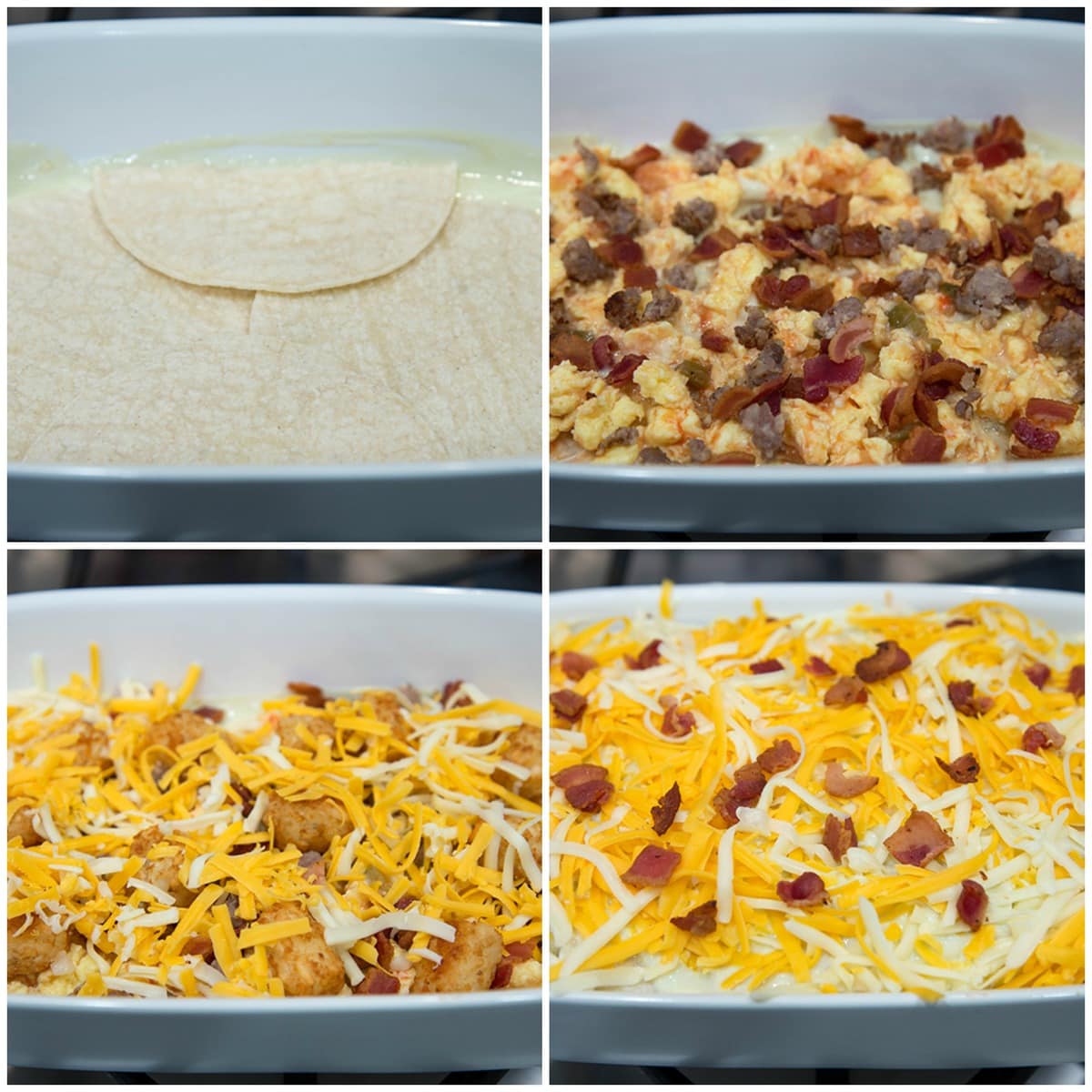 Process pics for layering breakfast enchilada casserole