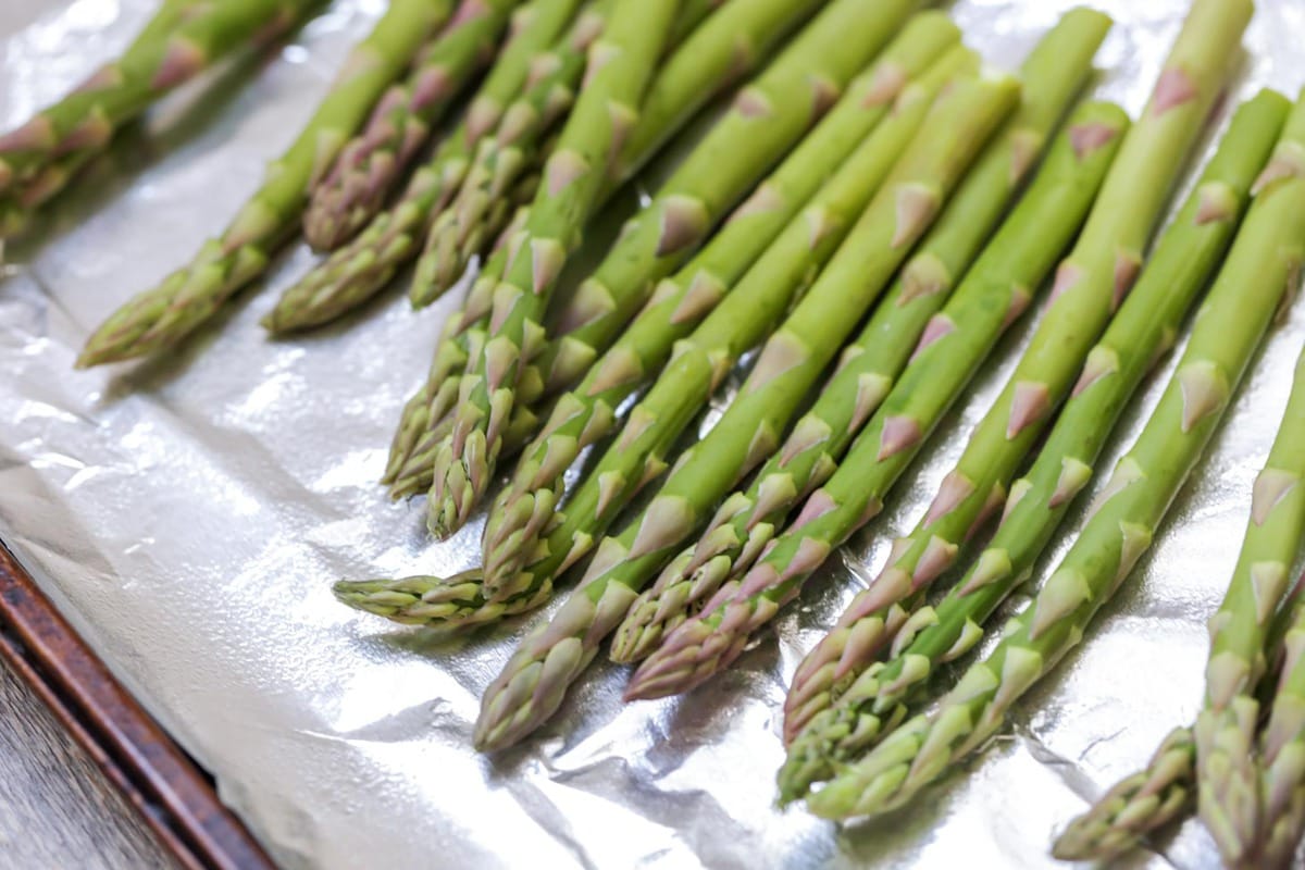 Asparagus on foiled lined baking sheet