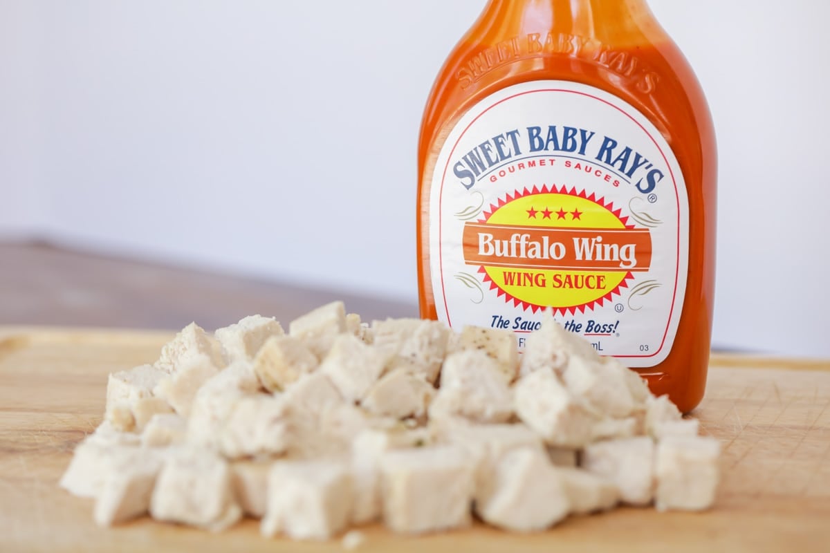 Cubed chicken and buffalo wing sauce