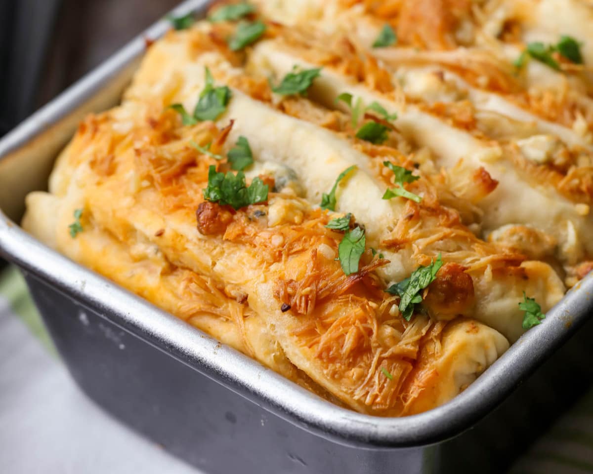 close up of Buffalo Chicken Pull Apart Bread in a pan