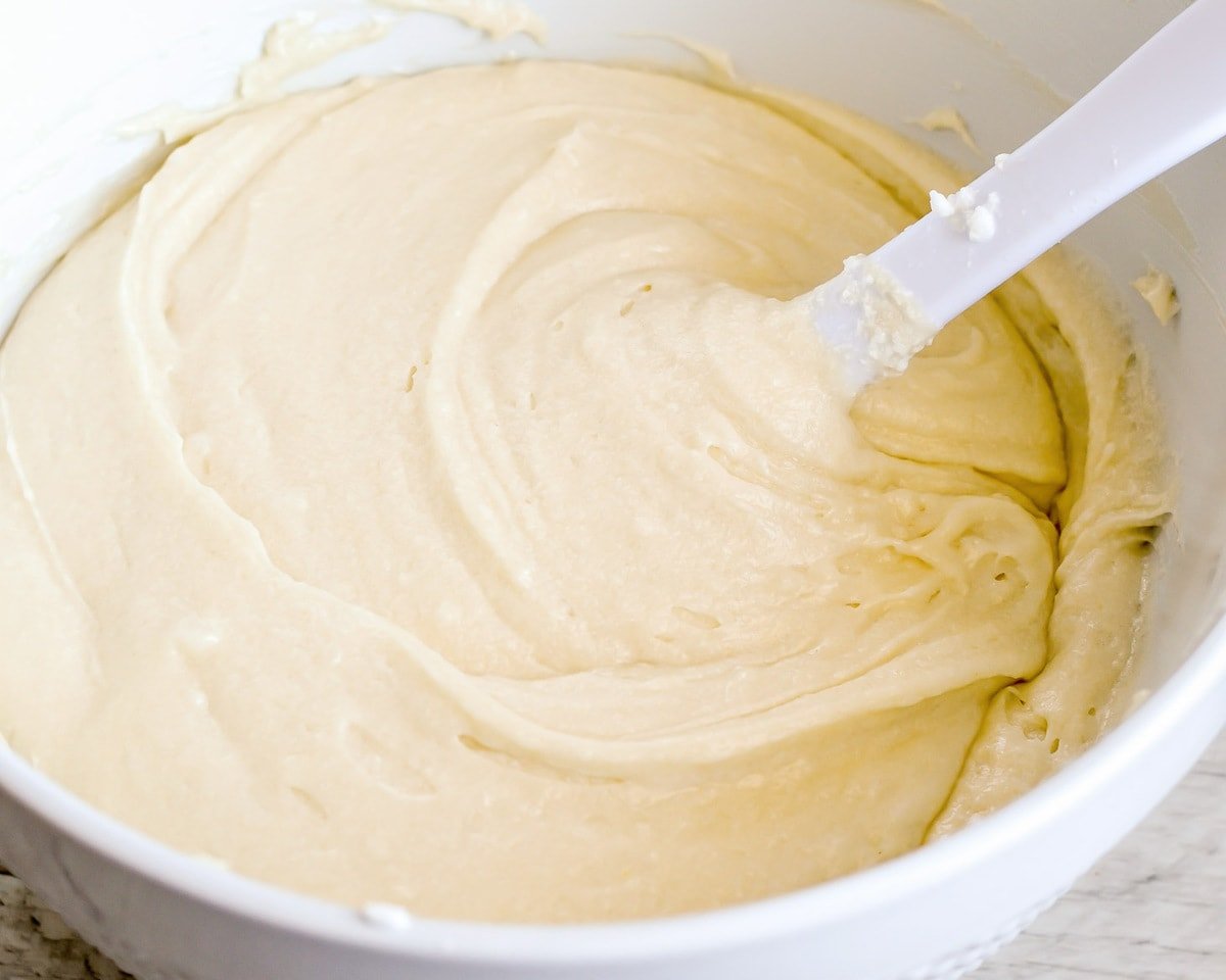 Coconut cake batter in a mixing bowl.