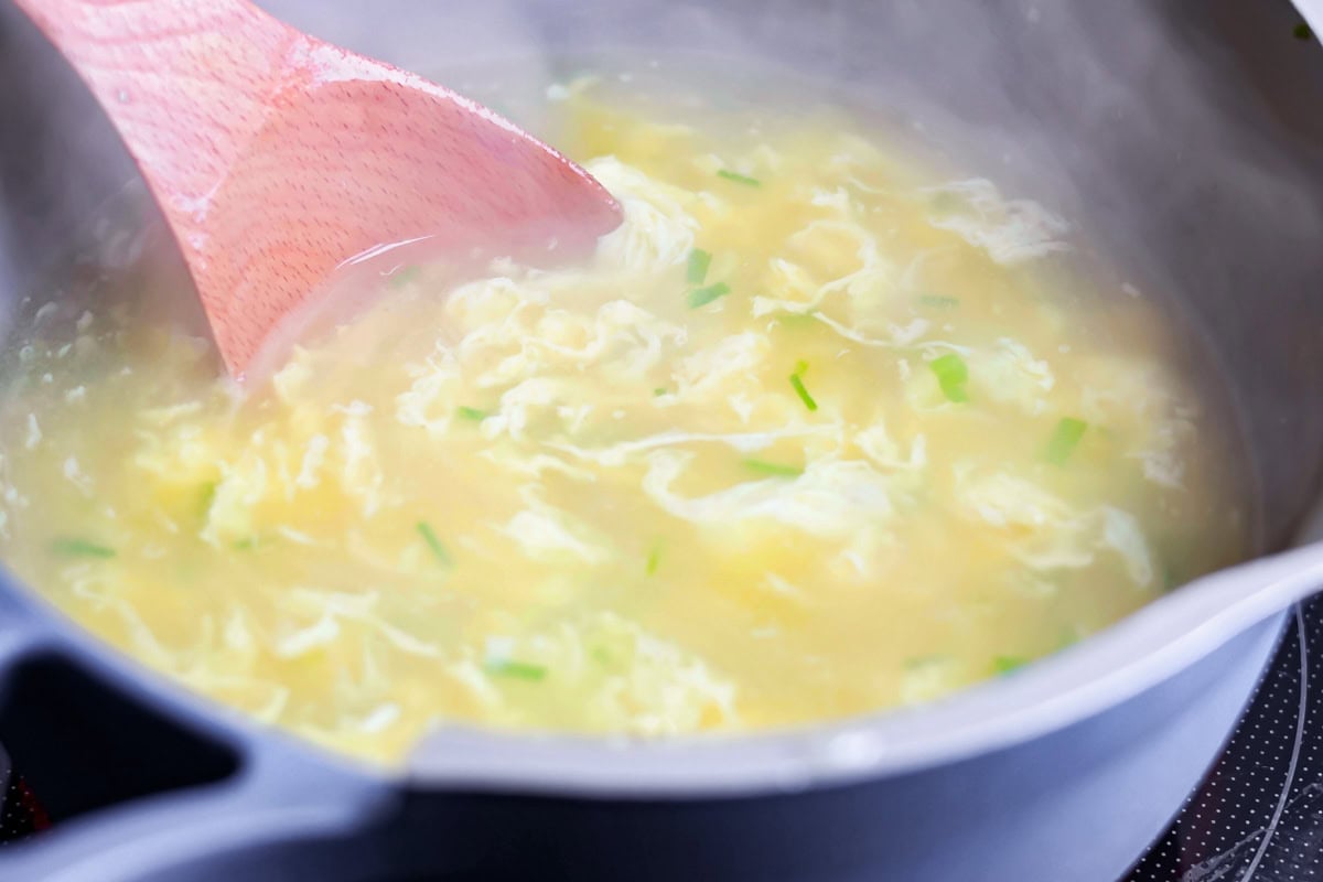 Eggs drizzled into Egg Drop Soup.