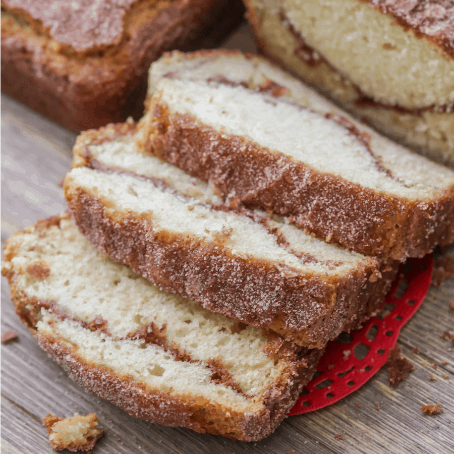 Amish Friendship Bread sliced on a cutting board