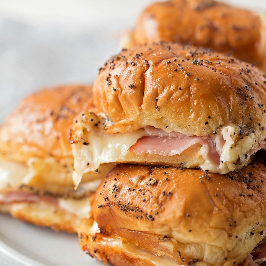 Ham and Cheese Sliders stacked on a plate.