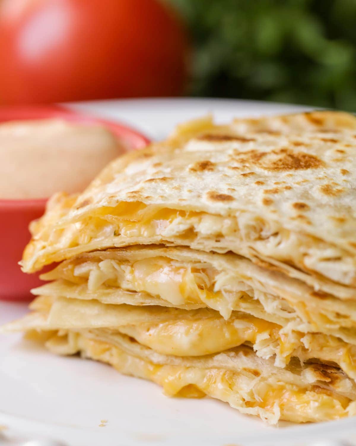 Chicken Quesadilla slices stacked on a plate.