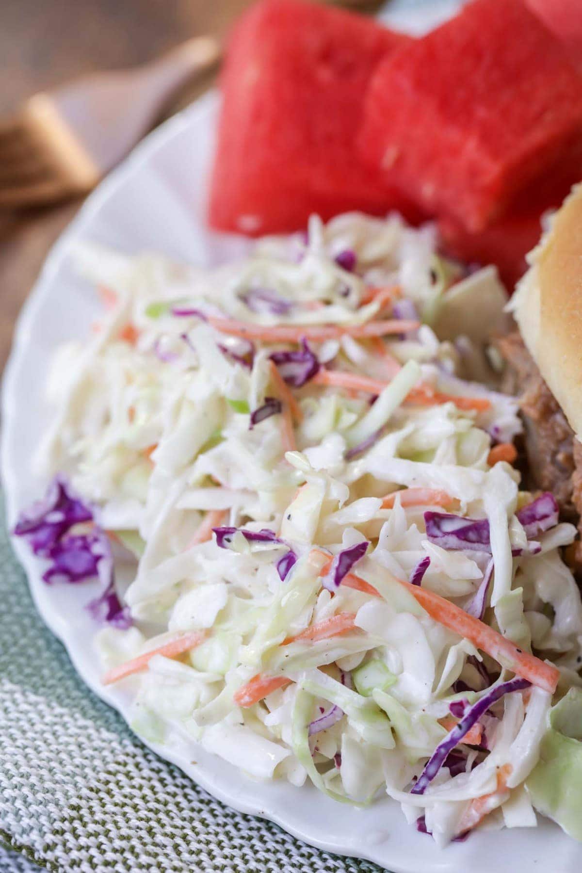 Easy Coleslaw recipe on white plate