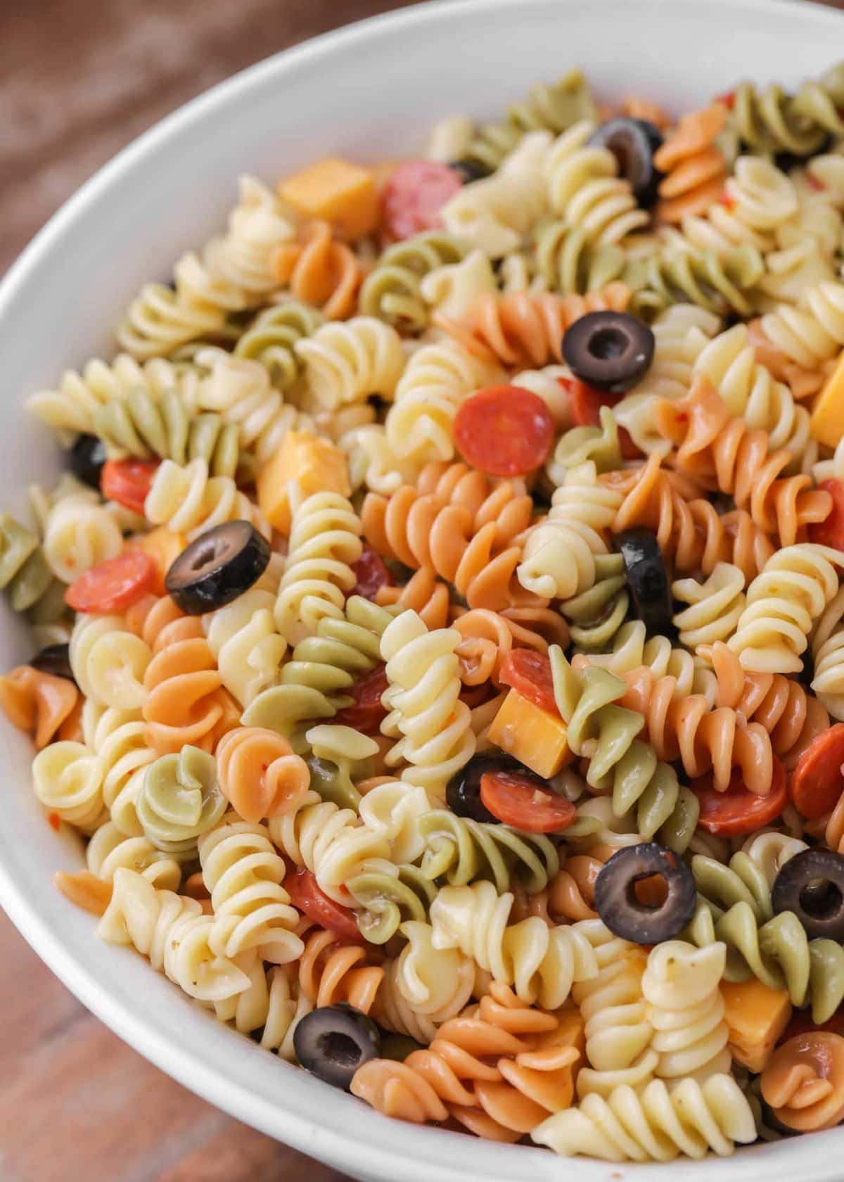 Pasta Salad recipe with Italian dressing in bowl
