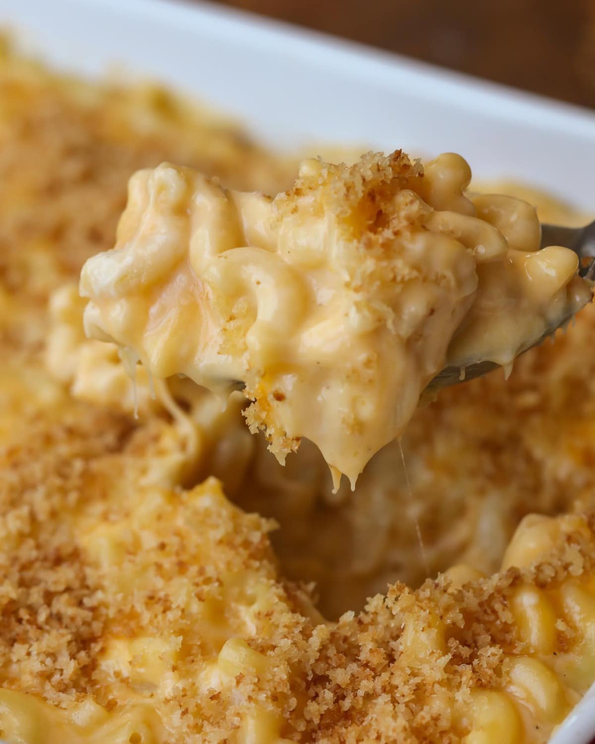 Spoonful of Homemade Mac and Cheese on a fork.