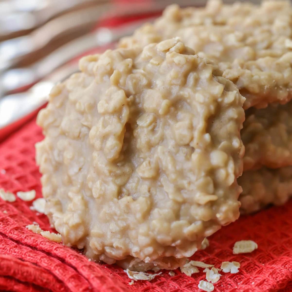 Peanut Butter No Bake Cookies on a red dish towel