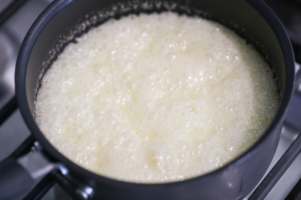 Boiling sugar mixture on the stove.