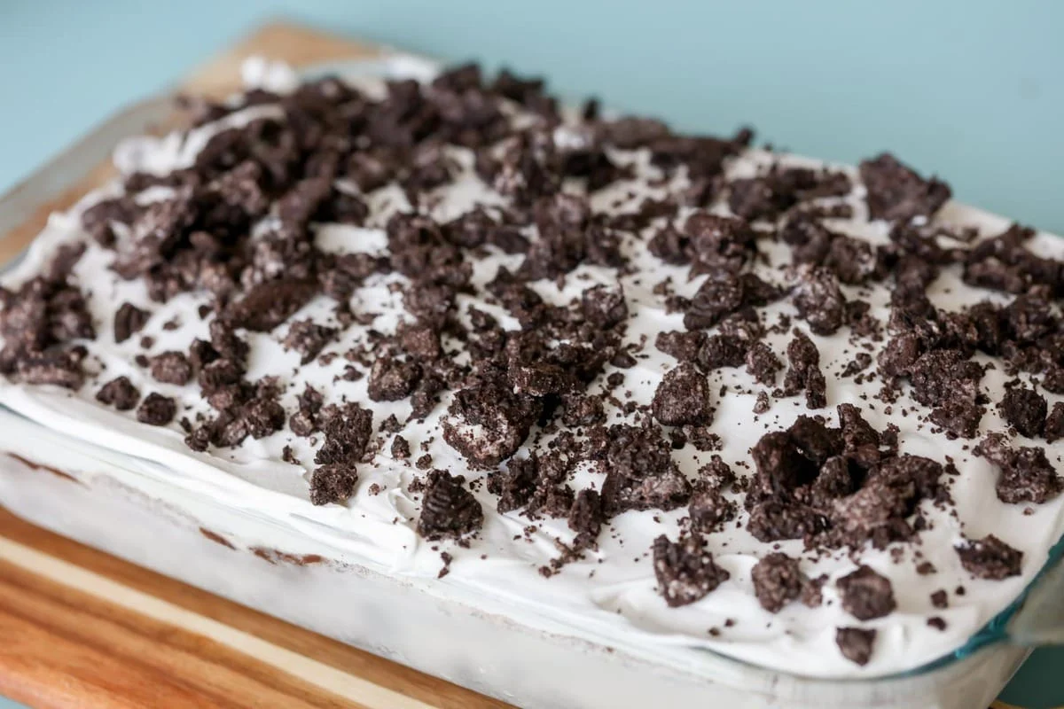 Cookies and Cream Ice Cream Cake Recipe in a baking dish.