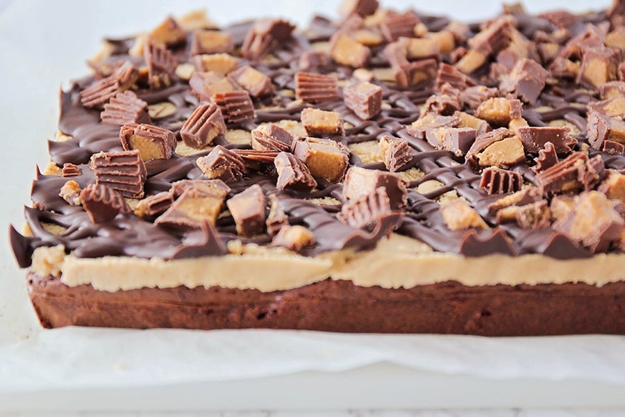 Father's Day Recipes - A slab of Reese's brownies drizzled with extra chocolate.