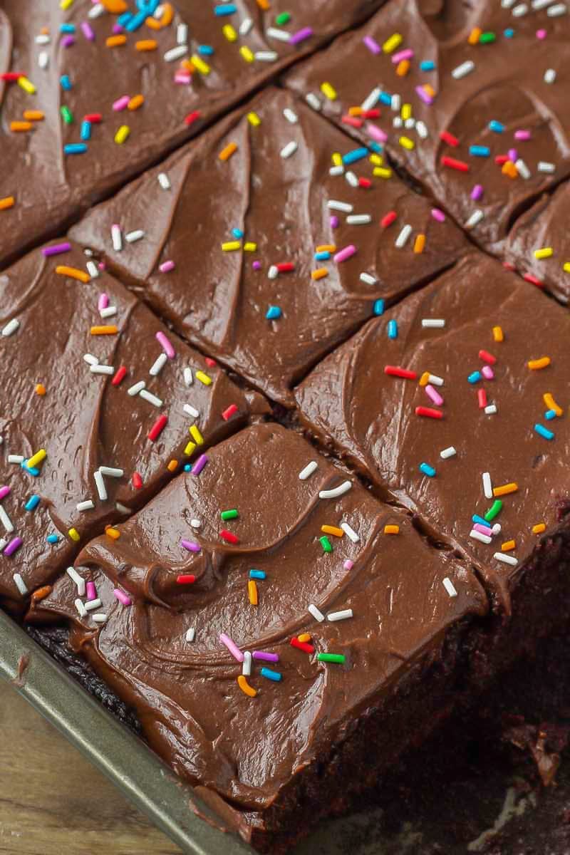 Sour Cream Chocolate Cake cut up in pan