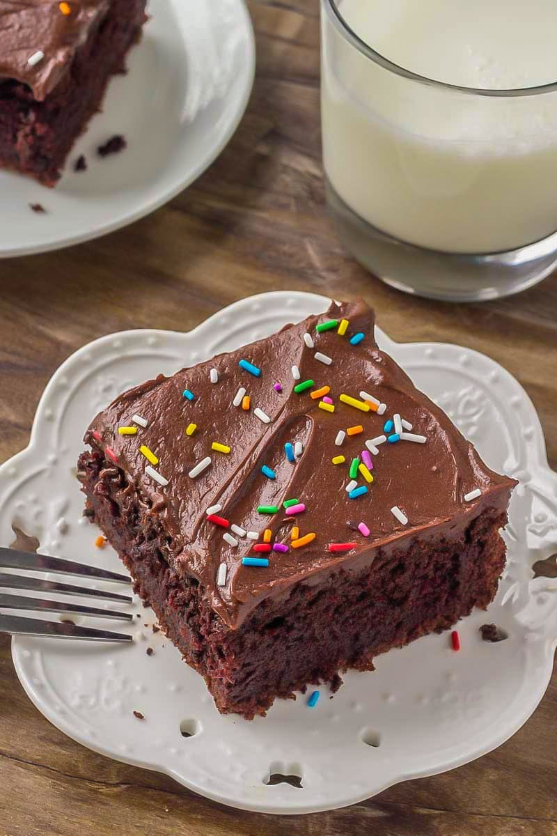 Sour Cream Chocolate Cake recipe on plate with fork