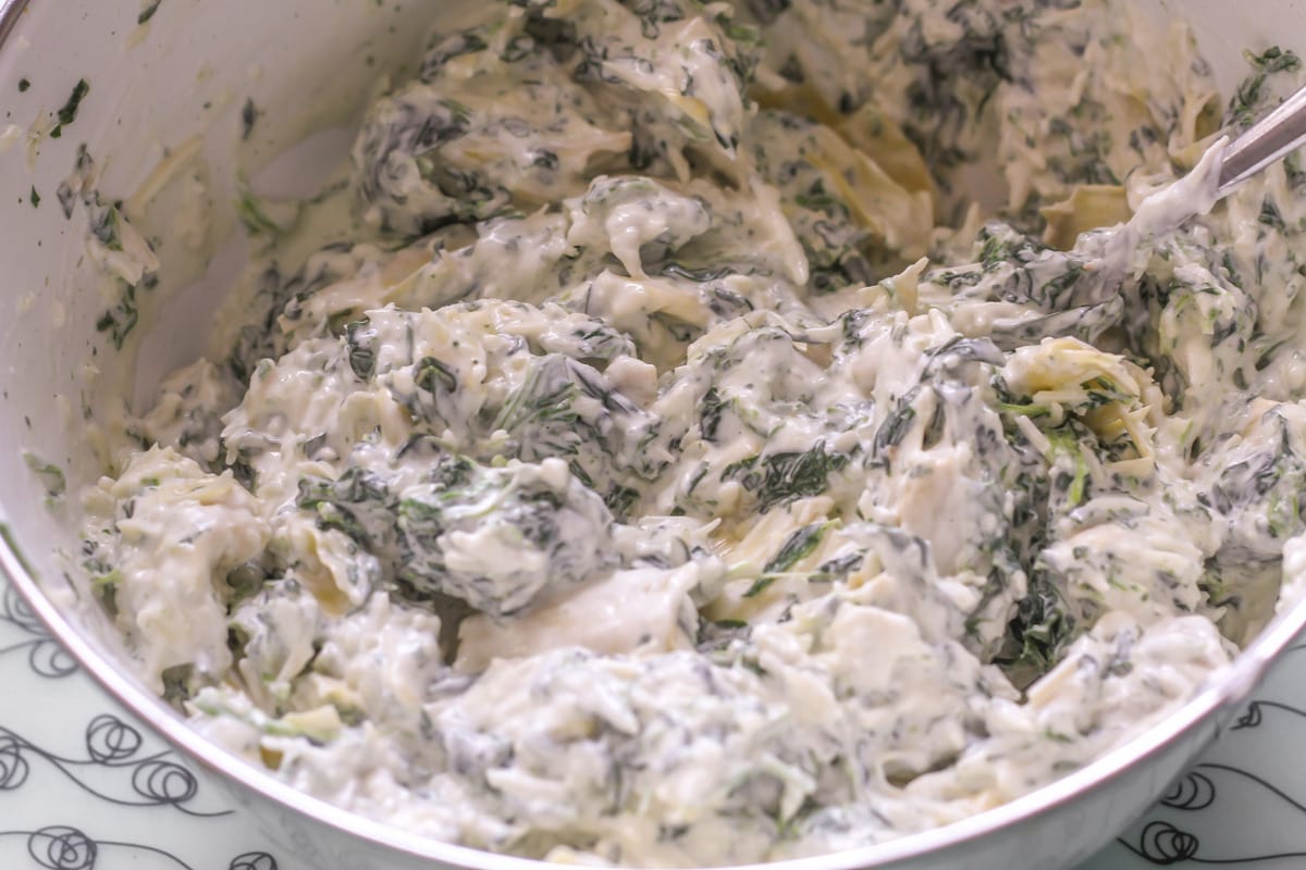 Spinach Artichoke Dip Recipe ingredients in bowl