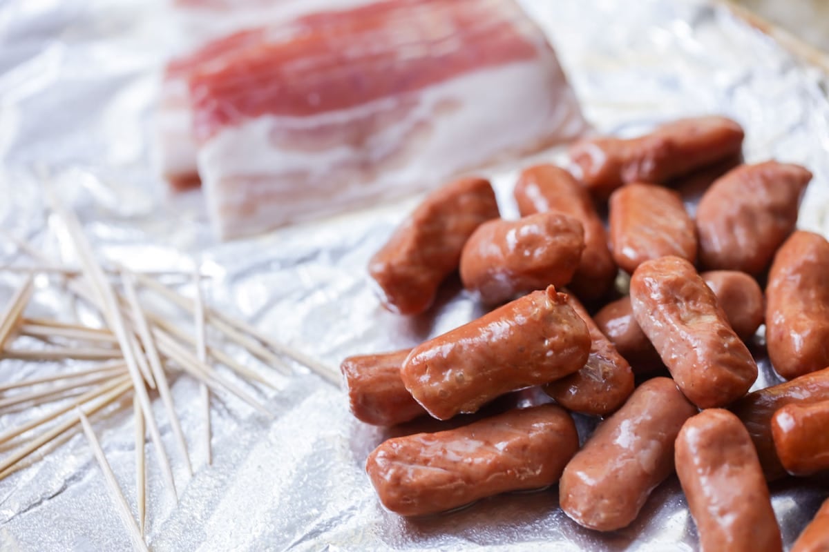 Ingredients prepped to make bacon wrapped smokies
