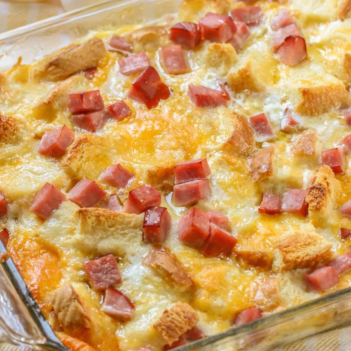 Breakfast Strata in dish - close up image.