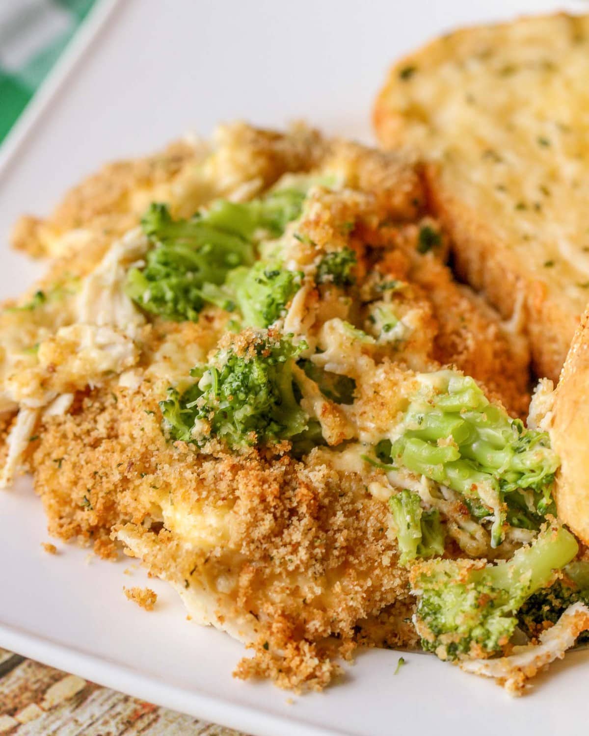 Chicken Broccoli Casserole close up served on a plate.
