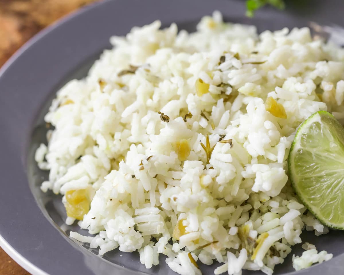 Easy side dishes - cilantro lime rice piled on a grey plate.