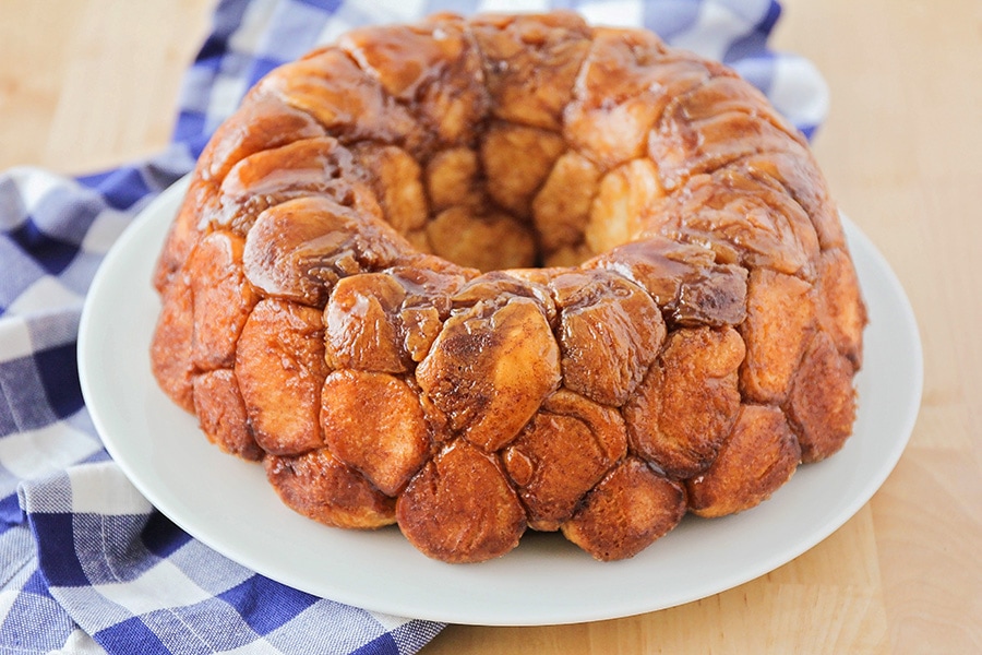 Homemade easy Monkey Bread ring on a white plate