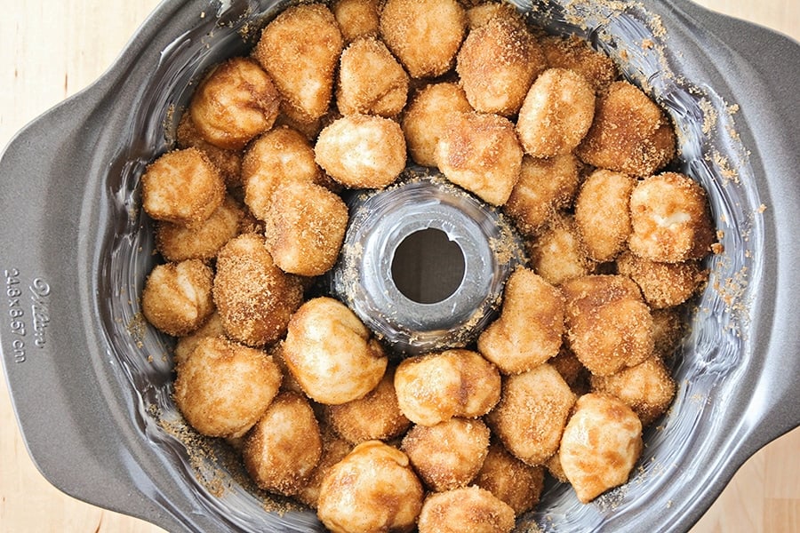 Easy Monkey Bread nuggets covered in cinnamon and sugar