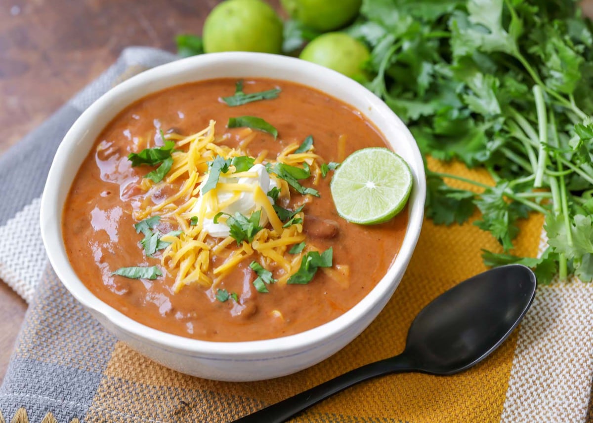 Crockpot taco soup in a white bowl.