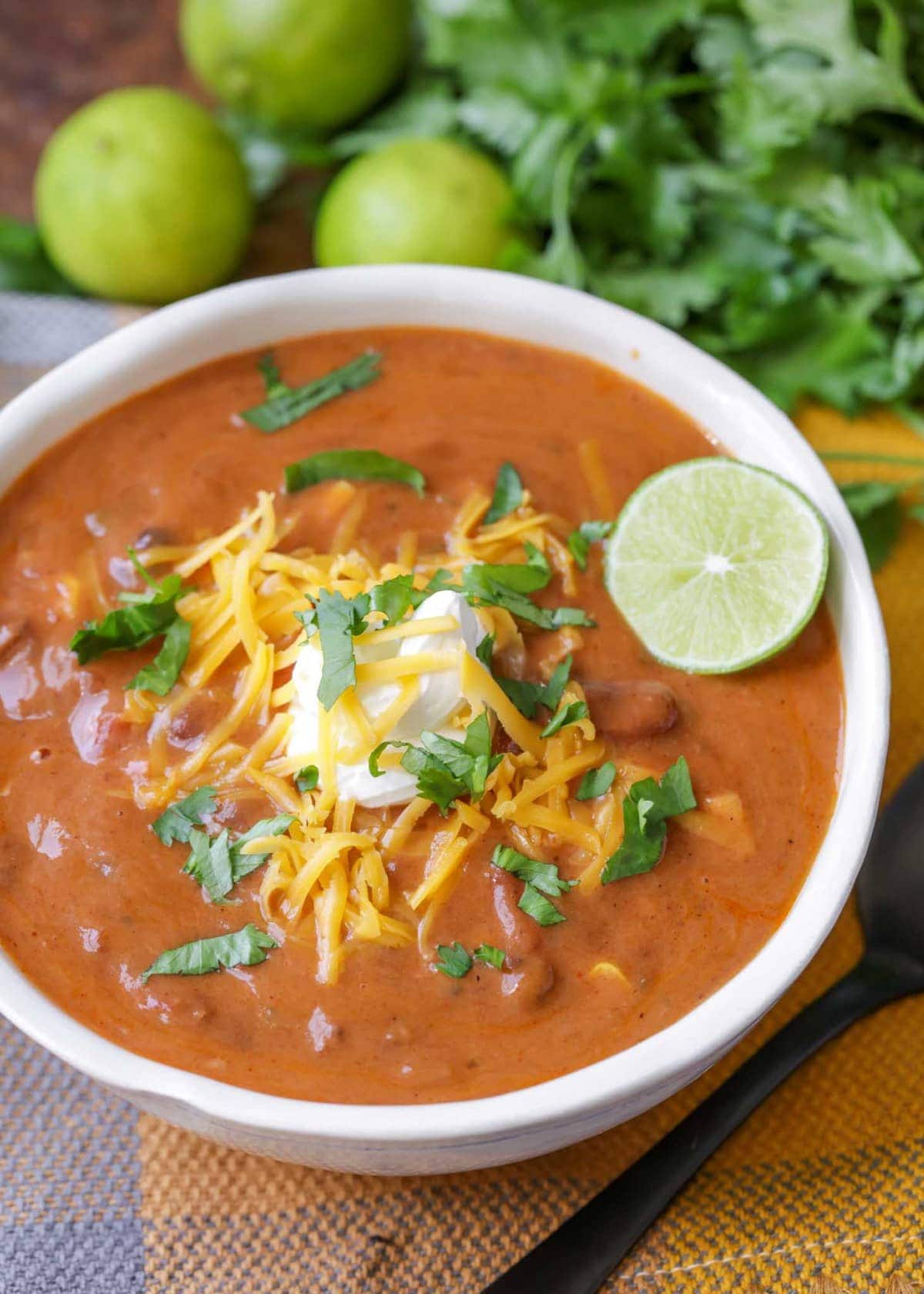close of up crockpot taco soup in a white bowl