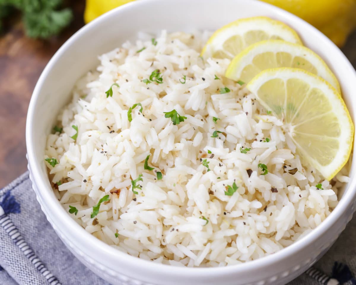 Lemon Rice in a white bowl