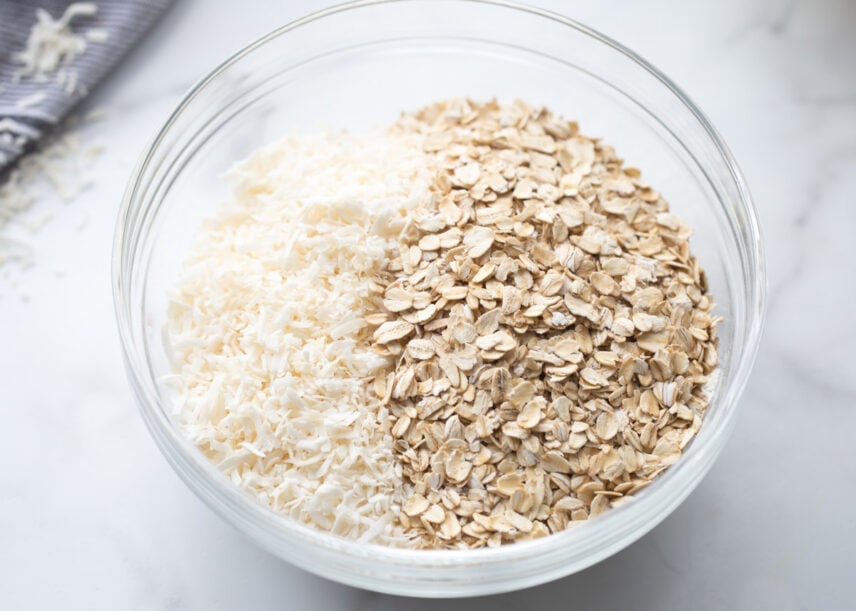 Coconut and oats in bowl for cookies