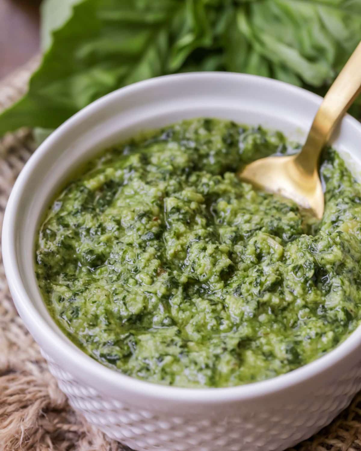 Basil Pesto in a white bowl