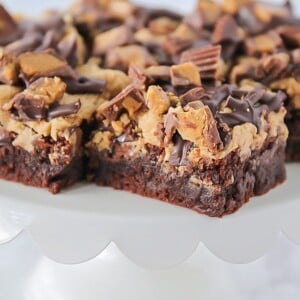 A platter of Reese's brownies cut on a platter.