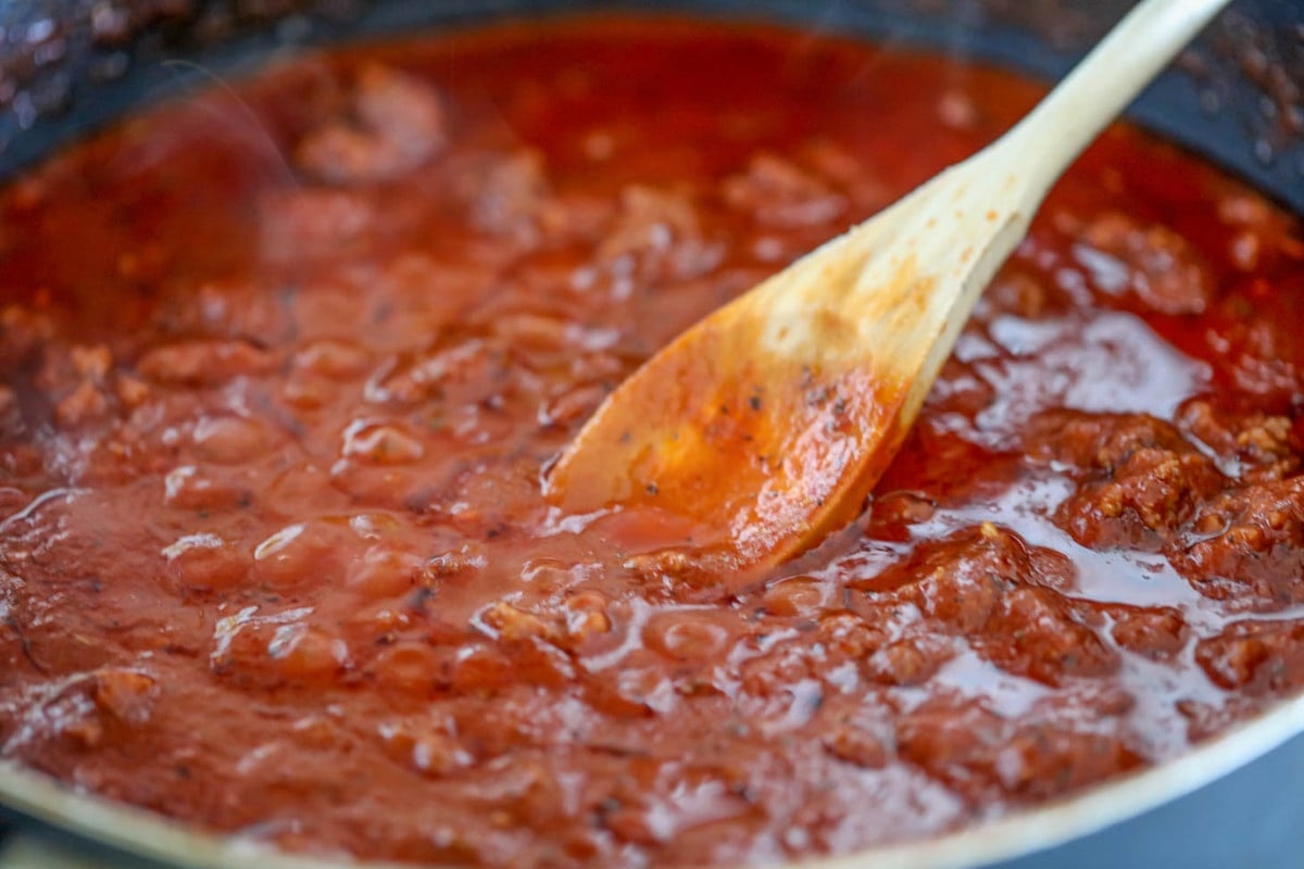 Spaghetti Sauce cooking in a skillet.